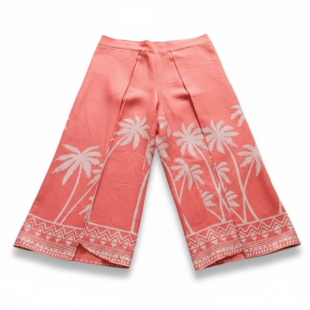 Bellissima Kim Gravel Coral Pink Palm Tree Linen Blend Tie Front Top Pants SET - Picture 6 of 14